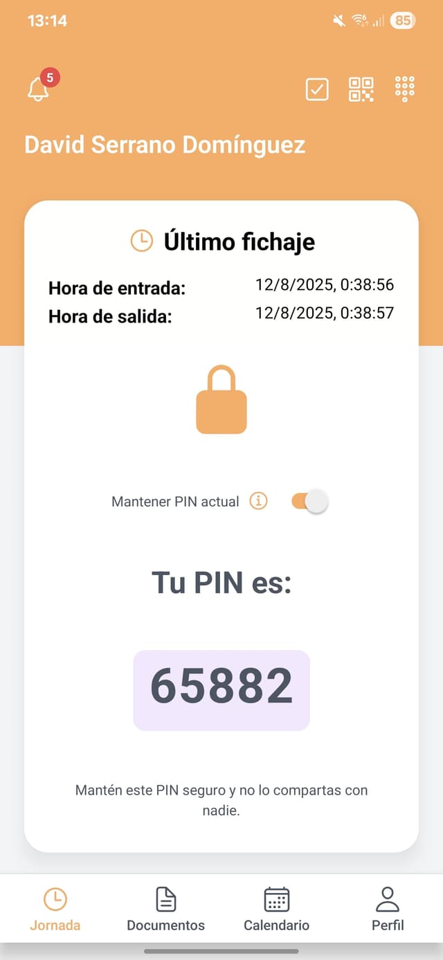 Aplicación móvil con PIN personal configurable para identificar el fichaje
