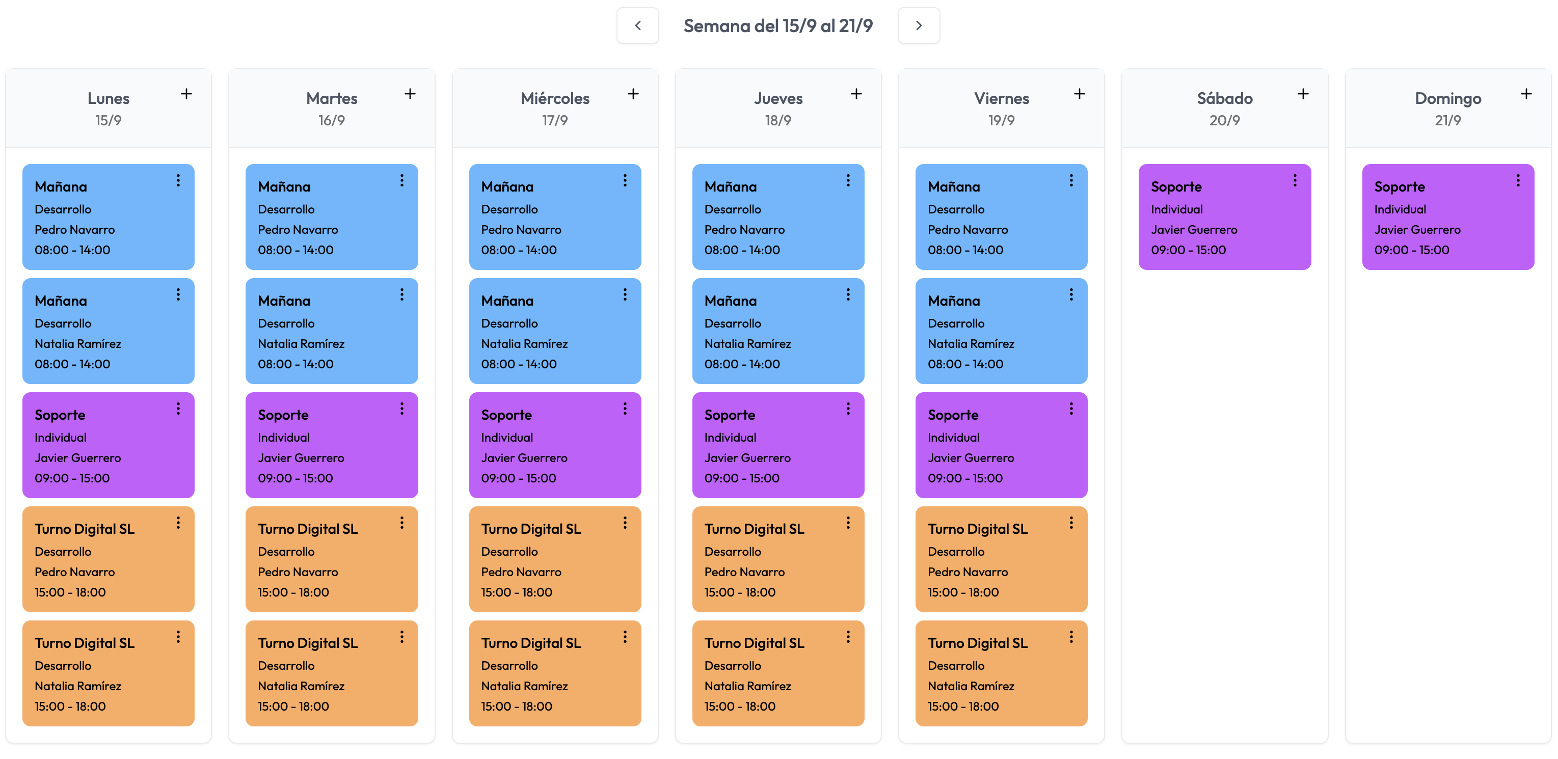Interface de control horario Turno Digital mostrando dashboard con empleados, horarios y aplicación móvil para fichaje digital