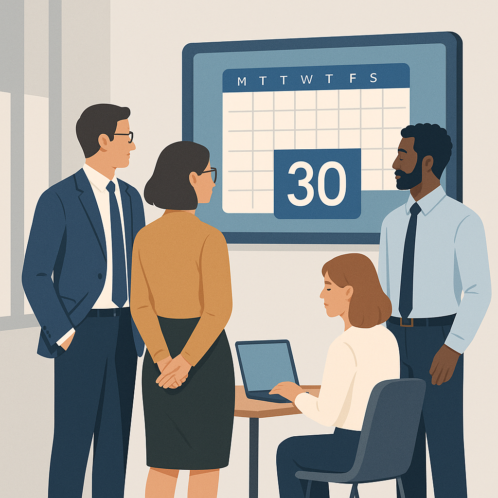Equipo de profesionales discutiendo la implementación de la nueva normativa laboral con calendario destacando el día 30