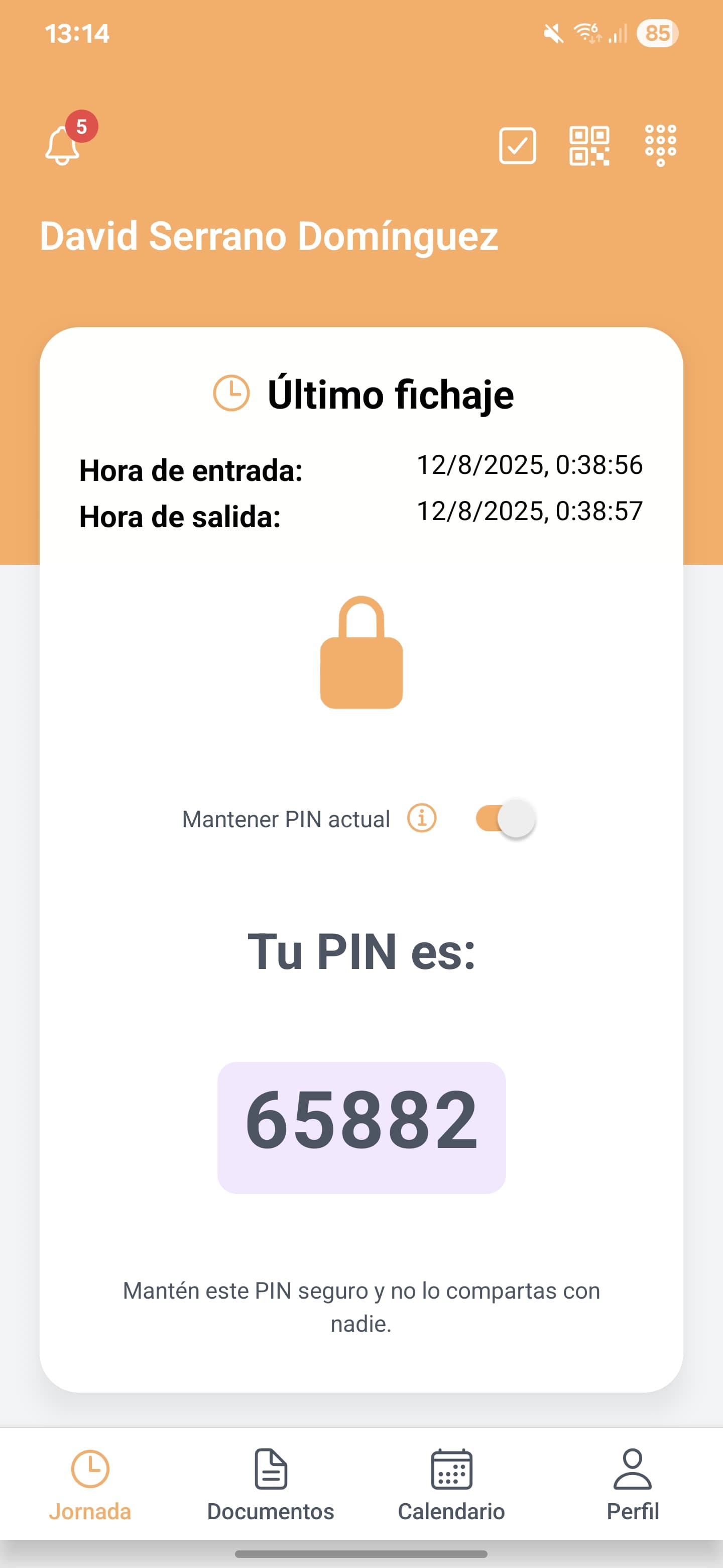 Aplicación móvil con sistema de PIN seguro personalizado para autenticación de fichaje
